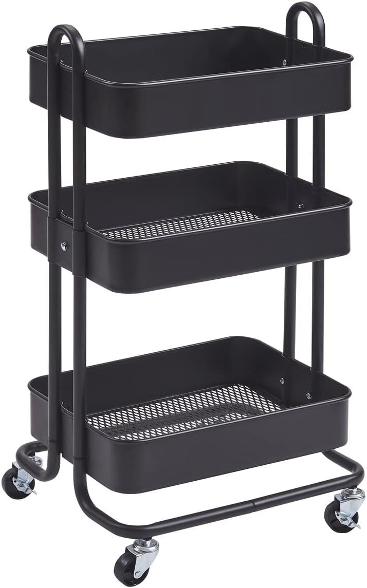 3-Tier Black Metal Rolling Utility Cart Q790