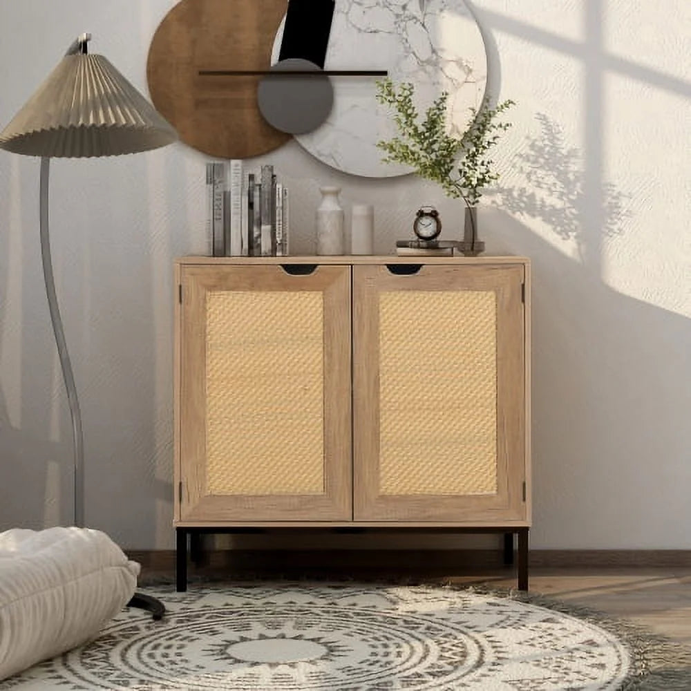 Rustic 2 Rattan Doors Natural Wood Storage Cabinet O1518