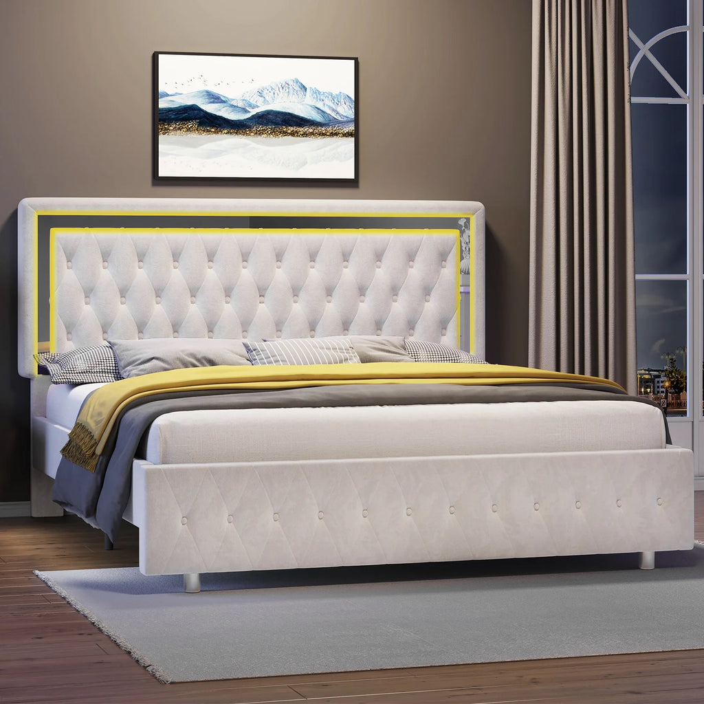 Queen Size Velvet Button Tufted LED Bed Frame U82341