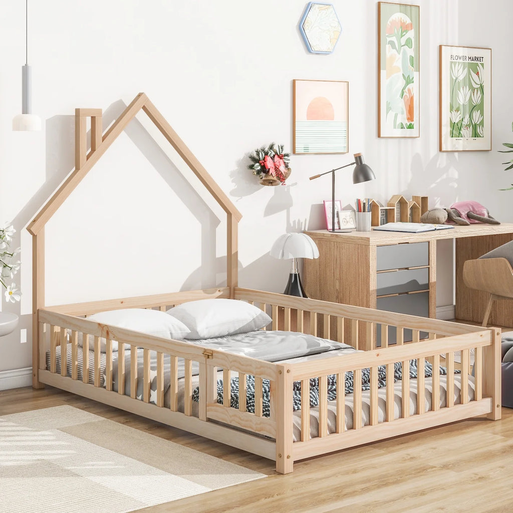Twin Size Grey Wood Floor Bed with Fence G76973