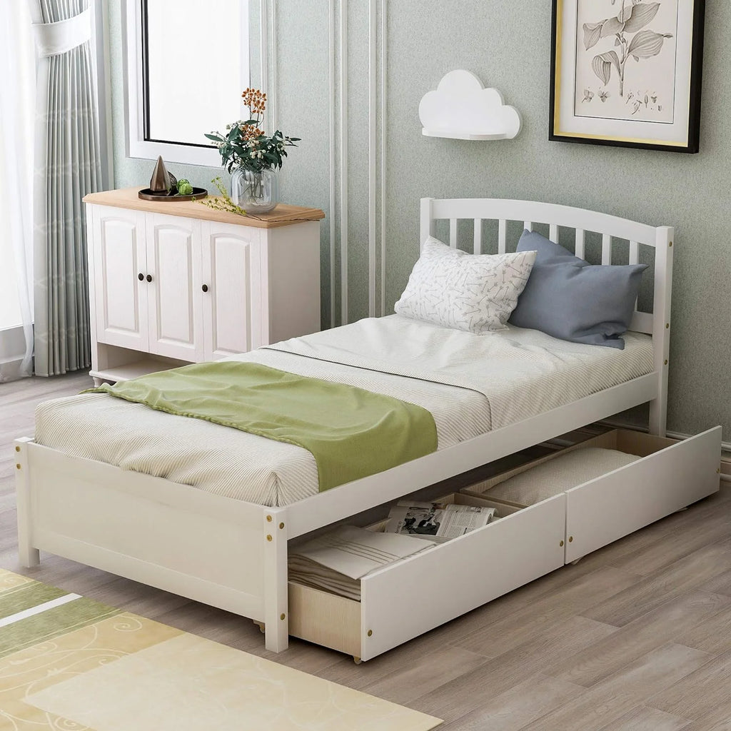 White Wood Platform Storage Bed with Two Drawers and Headboard D204037