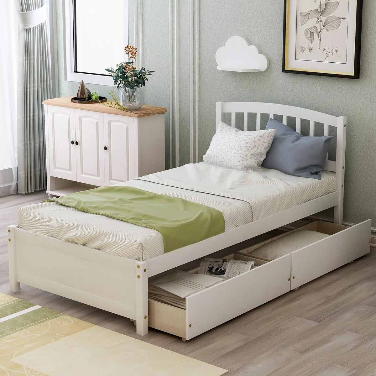 White Wood Platform Storage Bed with Two Drawers and Headboard D204037