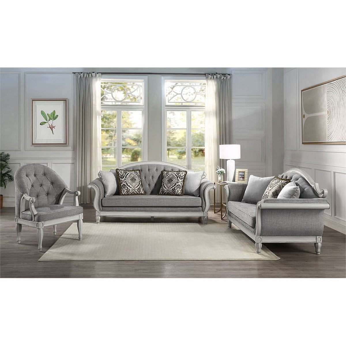 Tufted Fabric Sofa with 4 Pillows in Gray/Antique White B291275