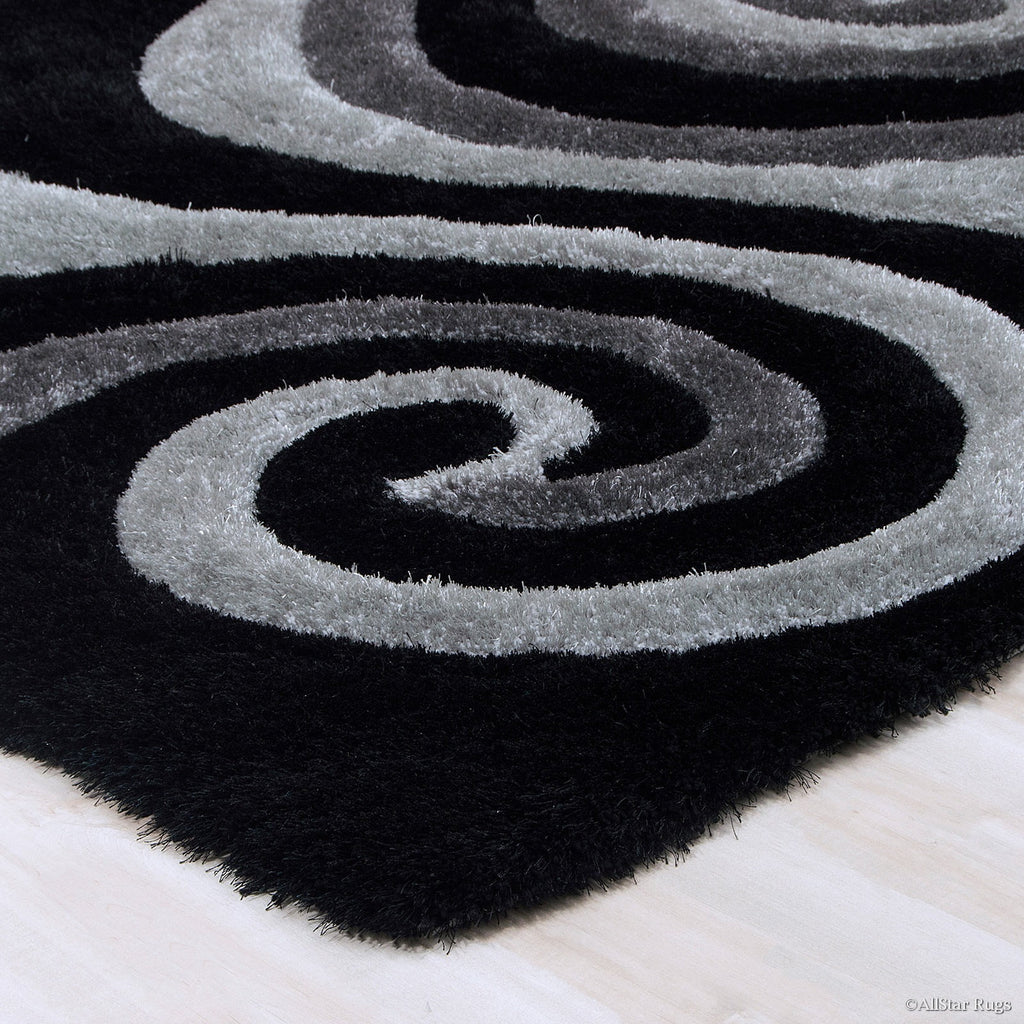 Grey Shaggy Area Rug with 3D Black Spiral Design 5' x 7' L31371