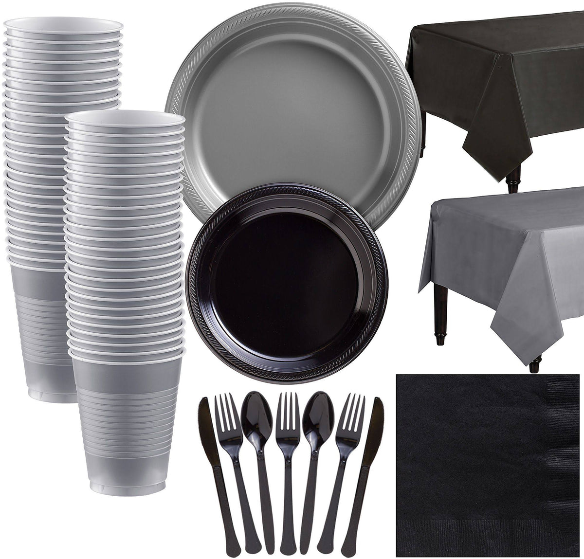 Black Silver Plastic Tableware Kit for 50 Guests Q732493