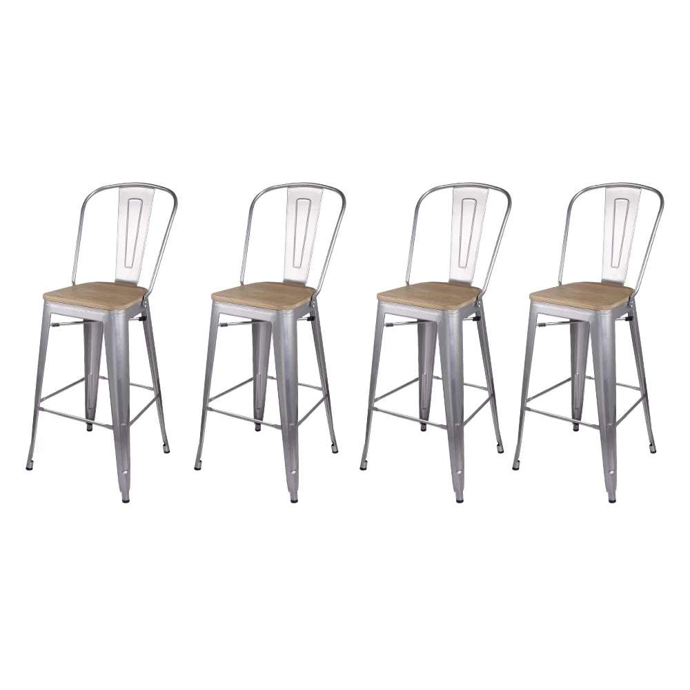 30 Inch Silver High Back Counter Height Metal Barstool with Light Wood Seat, Set of 4 K692