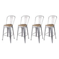 30 Inch Silver High Back Counter Height Metal Barstool with Light Wood Seat, Set of 4 K692