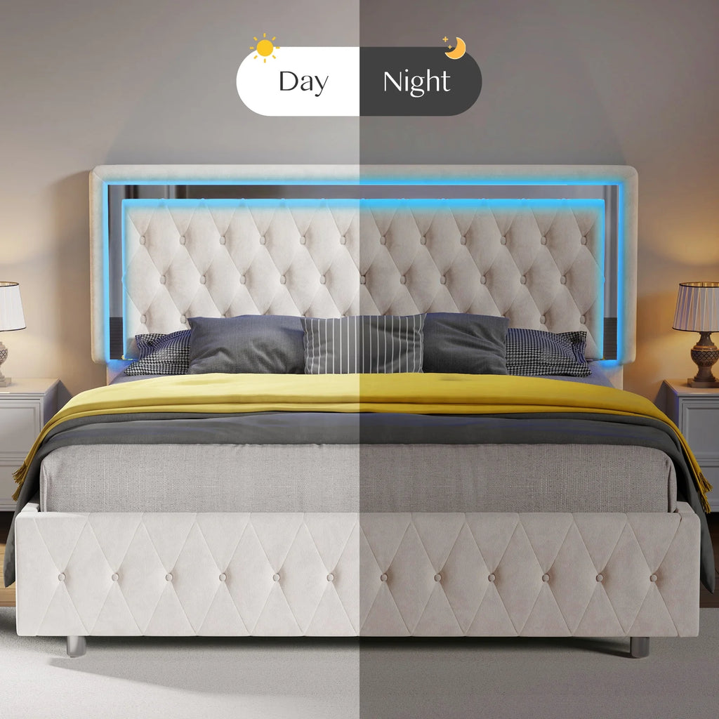 Queen Size Velvet Button Tufted LED Bed Frame U82341