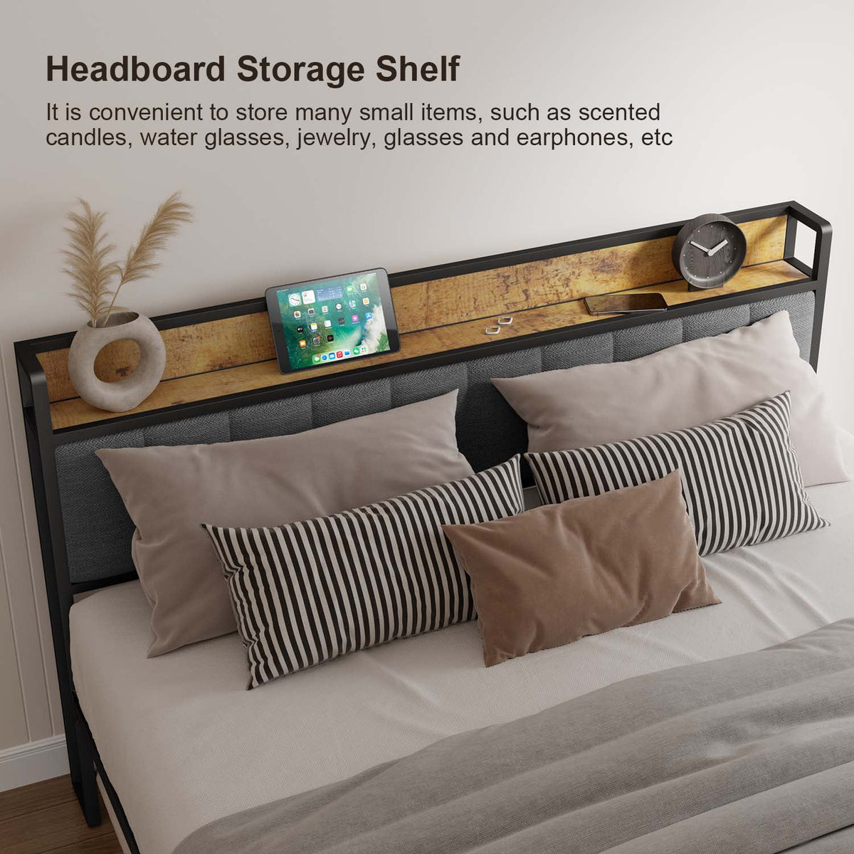 Queen Bed Frame with Storage Headboard, Dark Grey S734
