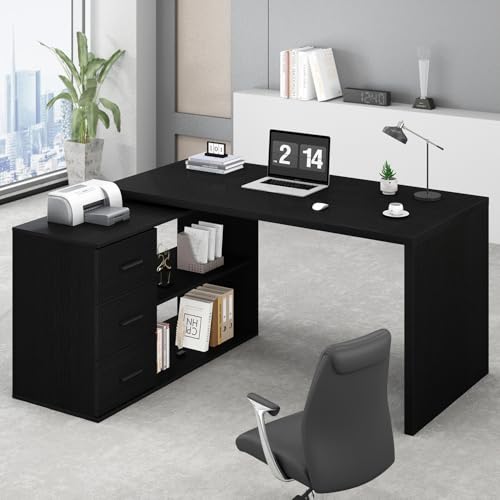 Black L Shaped Computer Desk with Drawers, 55 Inch C372