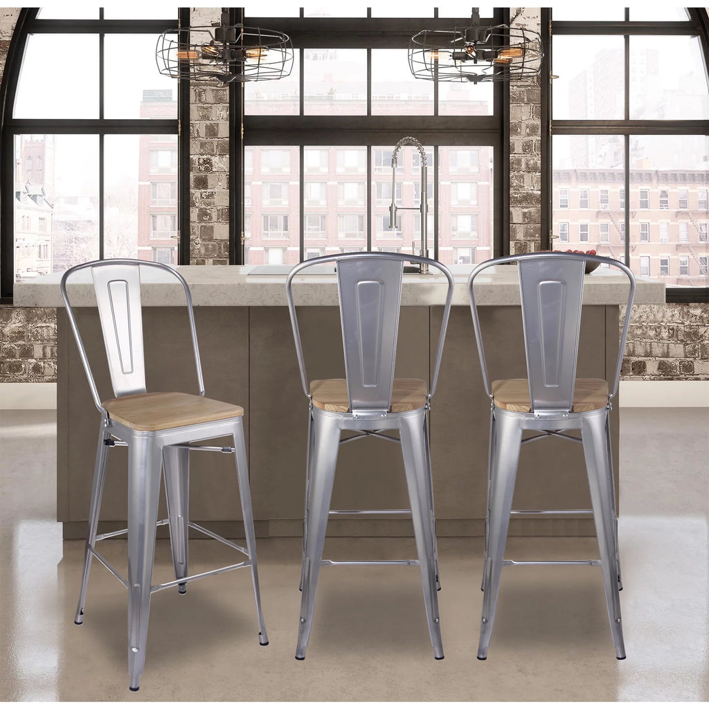 30 Inch Silver High Back Counter Height Metal Barstool with Light Wood Seat, Set of 4 K692