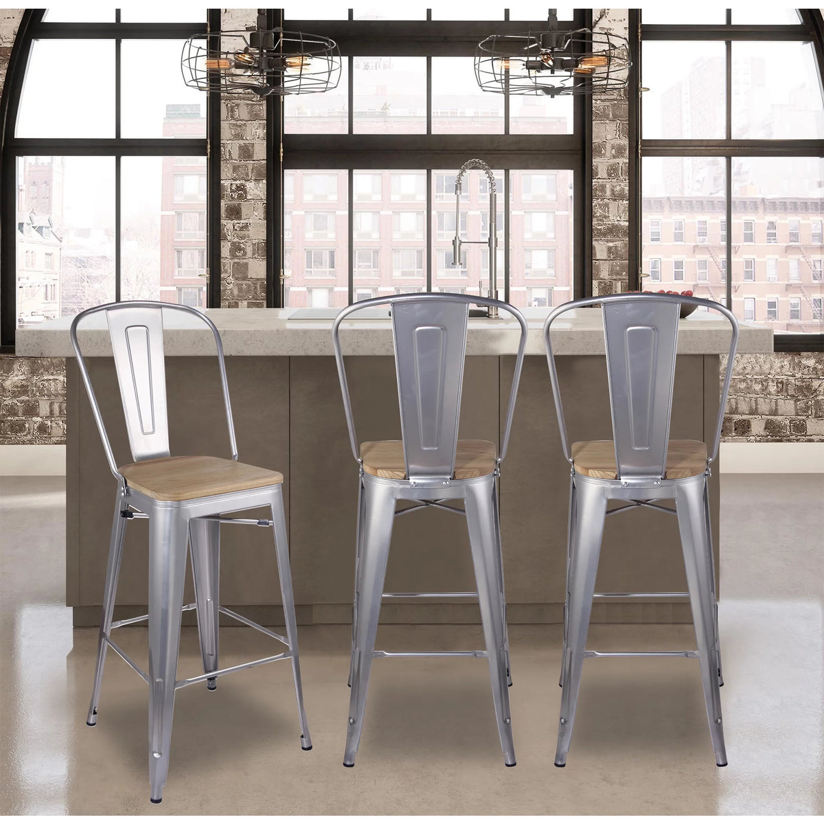 30 Inch Silver High Back Counter Height Metal Barstool with Light Wood Seat, Set of 4 K692