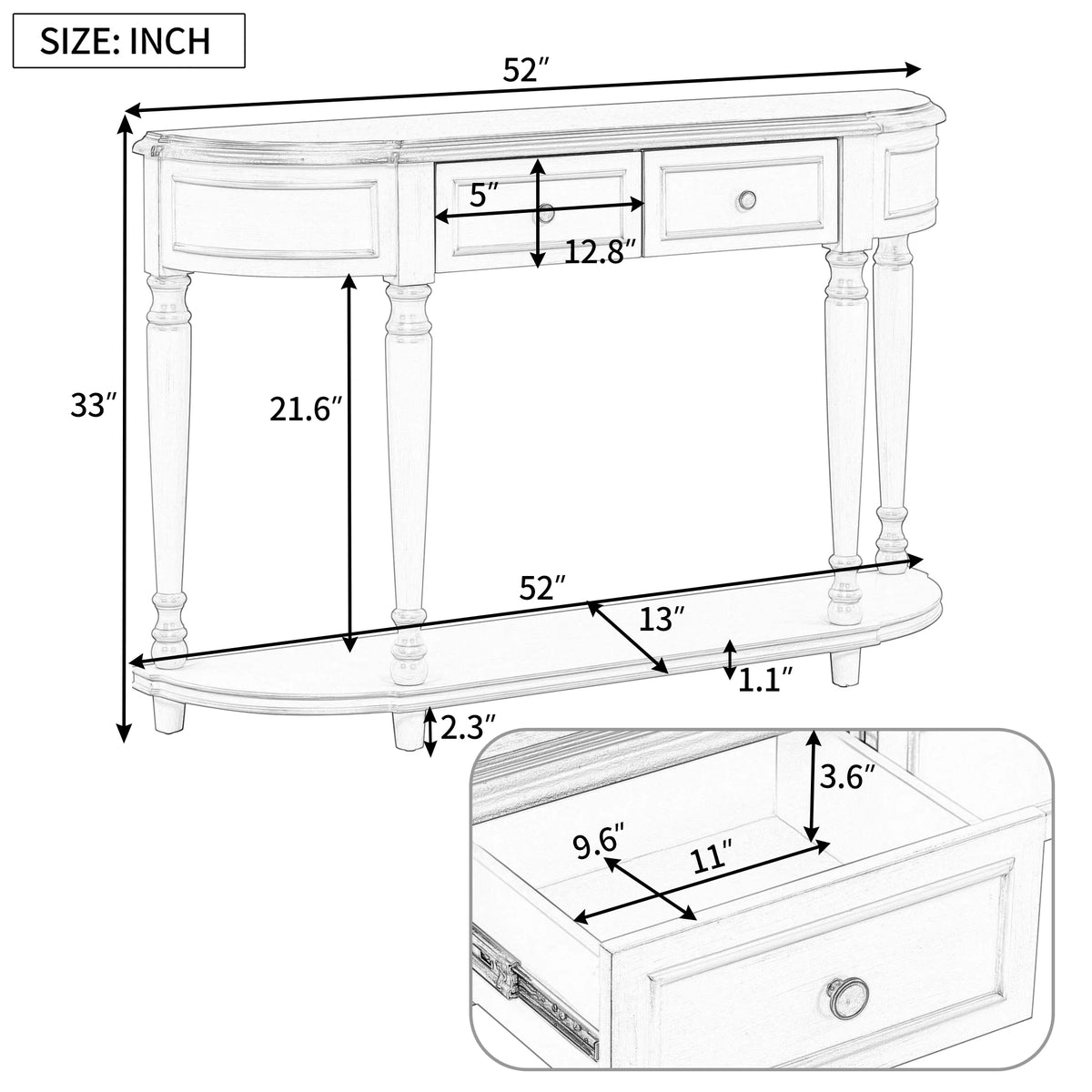 52'' Solid Wood Curved Console Table with 2 Drawers and 1 Shelf Q165987