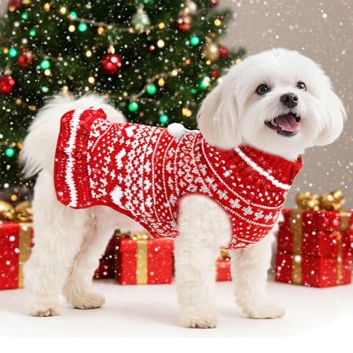 Dog Christmas Sweater Dress with Leash Hole Turtleneck Knitted Pullover E96430