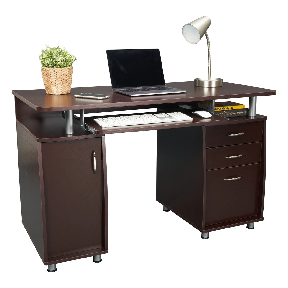 Chocolate Computer Workstation with Cabinet and Drawers T1261