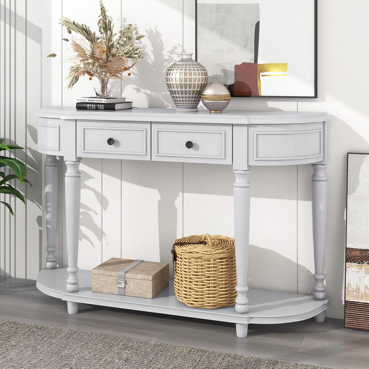 52'' Solid Wood Curved Console Table with 2 Drawers and 1 Shelf Q165987