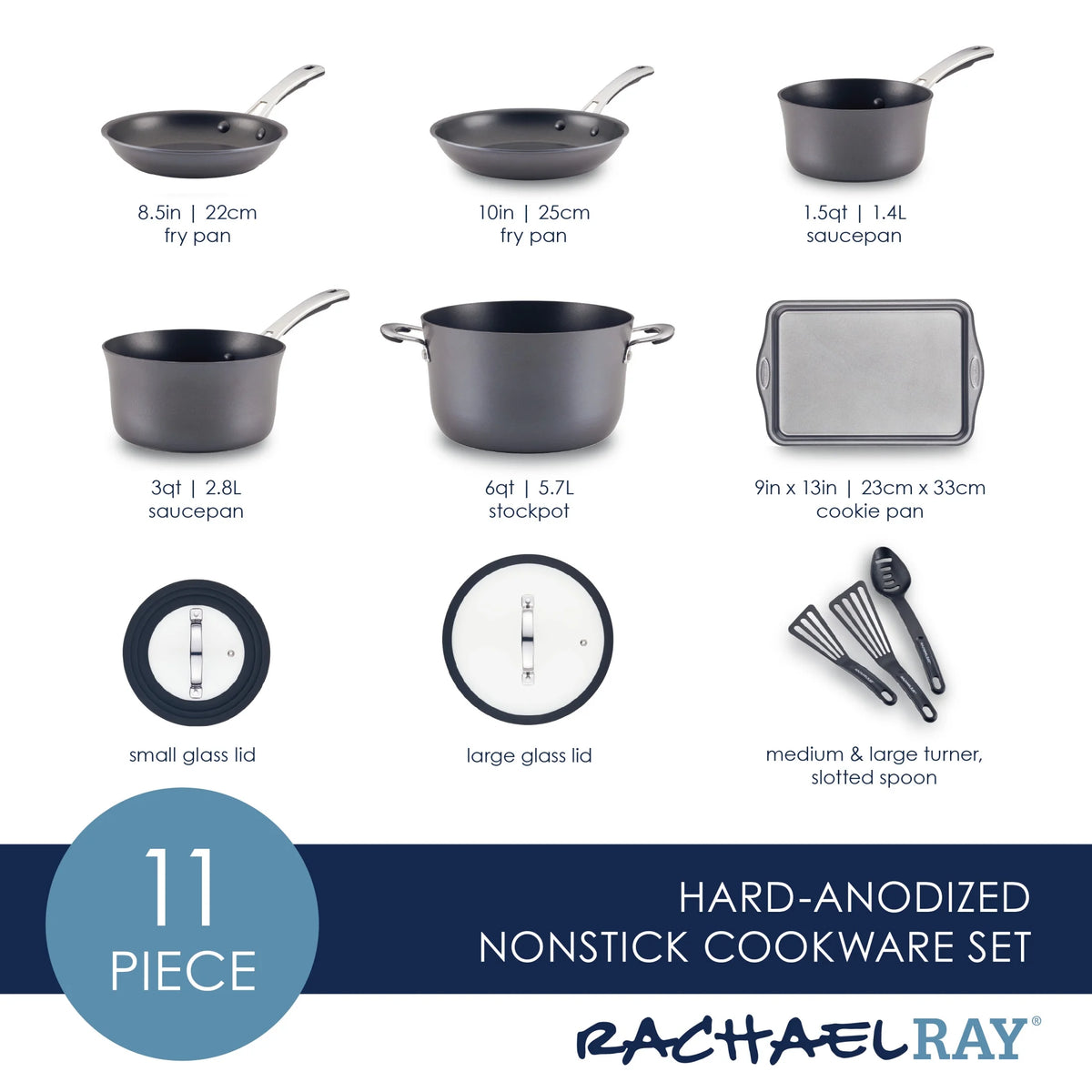 11 Piece Black Hard Anodized Nonstick Cookware Set I2281