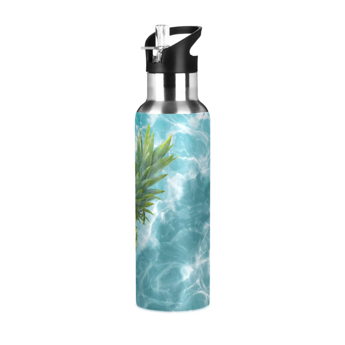Yellow Pineapple on Blue Water Insulated Stainless Steel Water Bottle with Straw Lid 20 oz M382