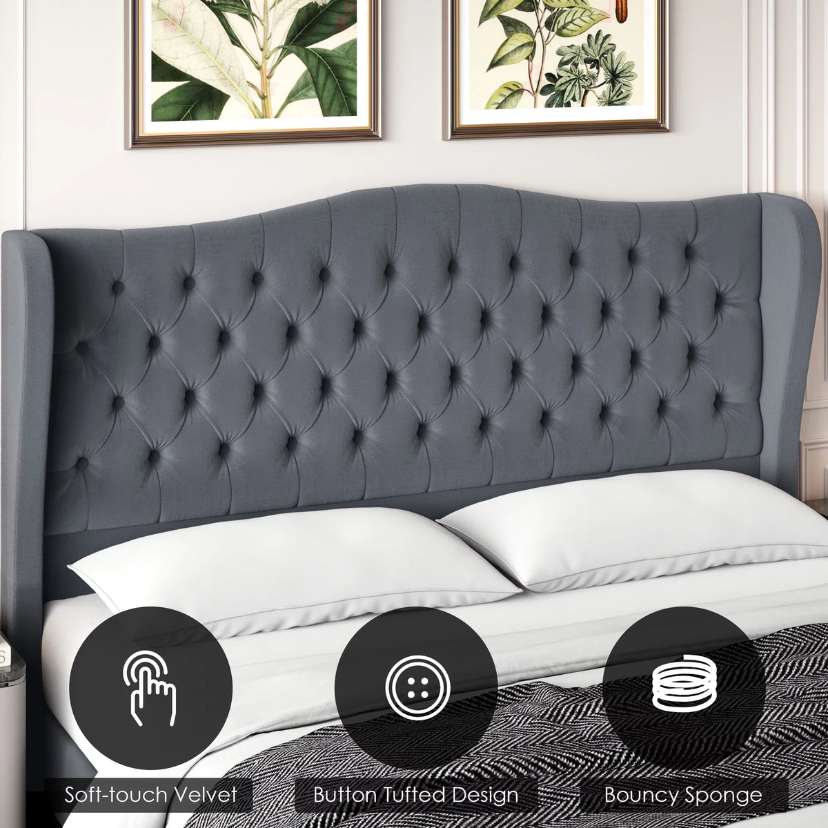 Queen Size Beige Velvet Tufted Upholstered Platform Bed Frame with Wingback Headboard E44840