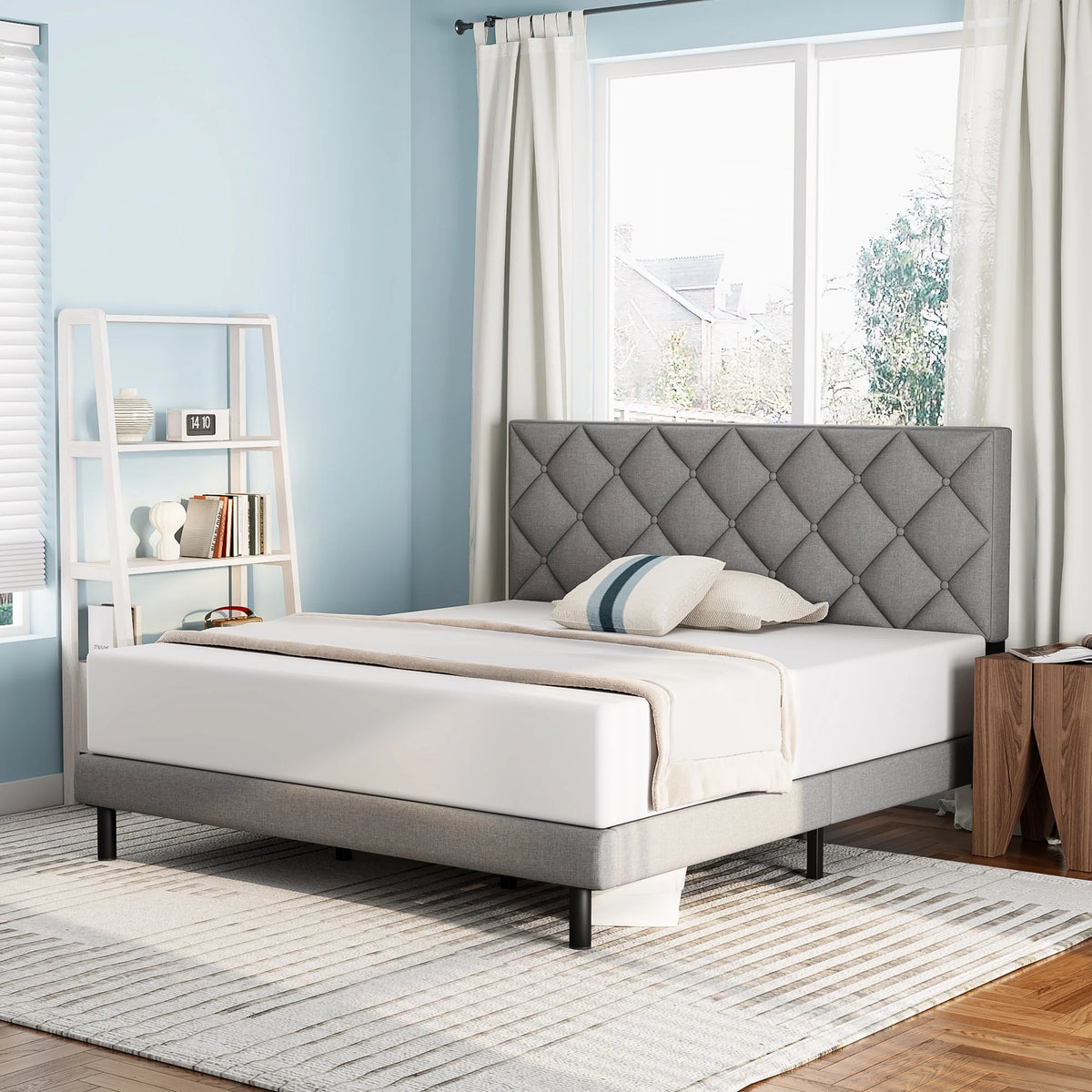 Queen Size Platform Bed with Wingback Headboard S711