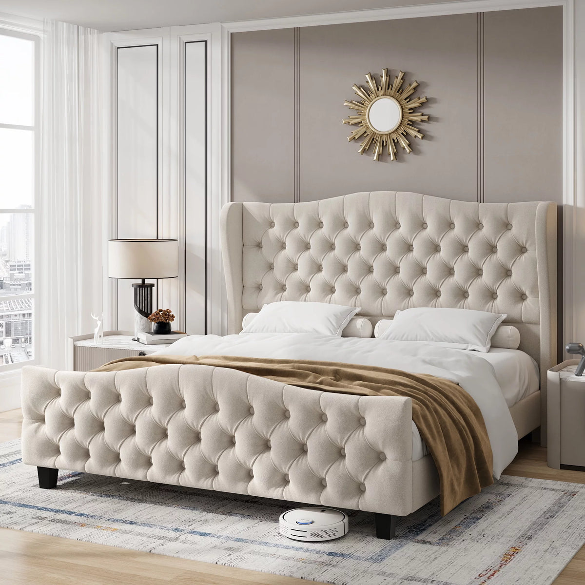 Queen Size Beige Velvet Tufted Upholstered Platform Bed Frame with Wingback Headboard E44840