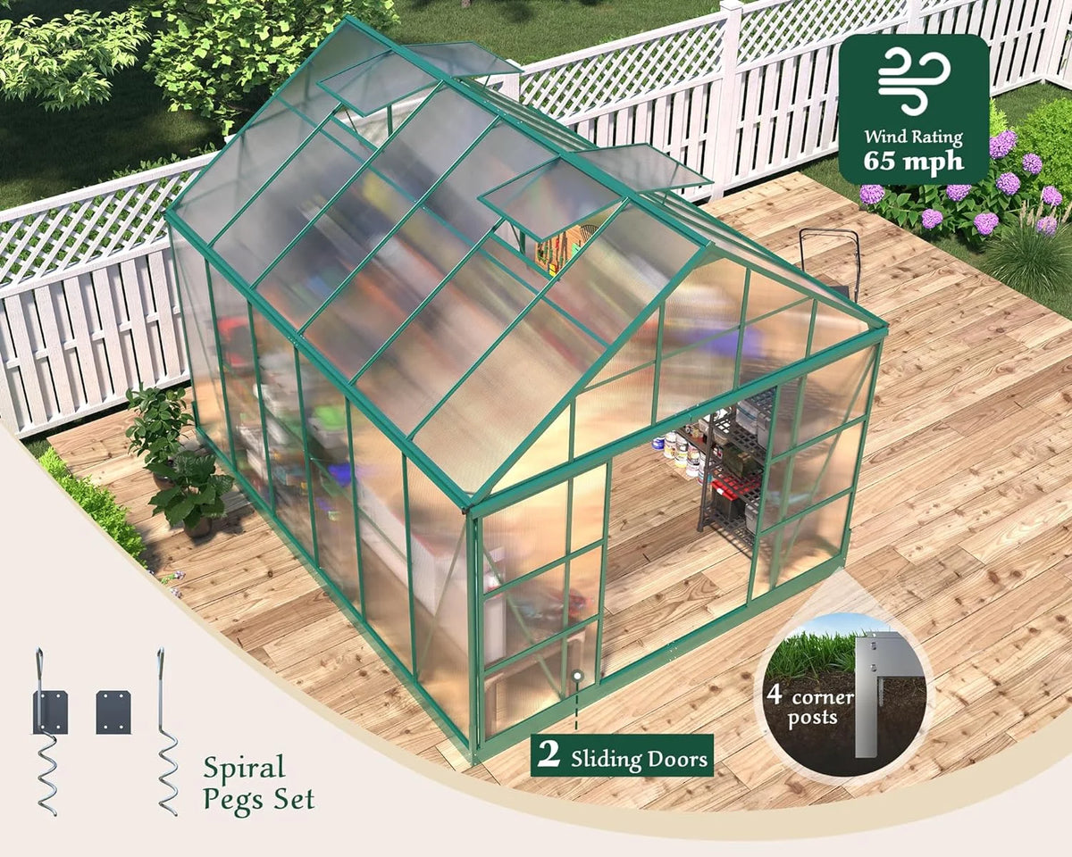 12x10x10 ft Polycarbonate Greenhouse with 2 Sliding Doors 4 Vents Window D332