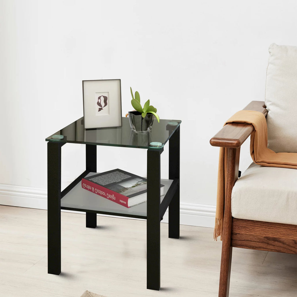 Tempered Glass Top Tea Table with Iron Tube Legs and Shelf O505032