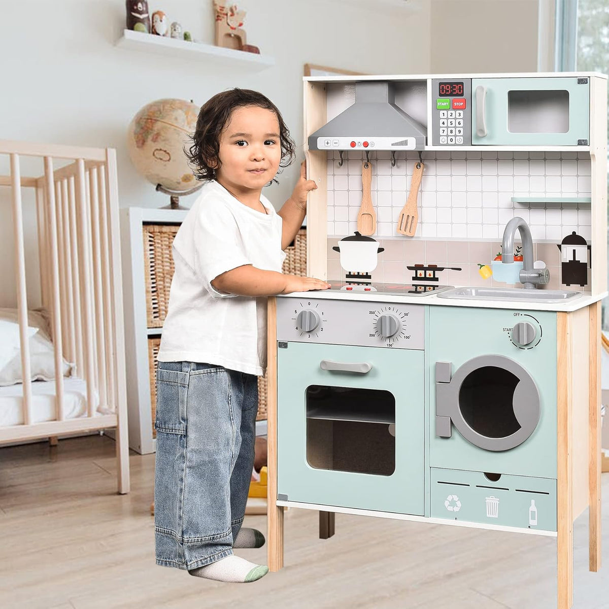 Wooden Play Kitchen with Lights & Sounds, Stove, Sink, Microwave Oven P7741