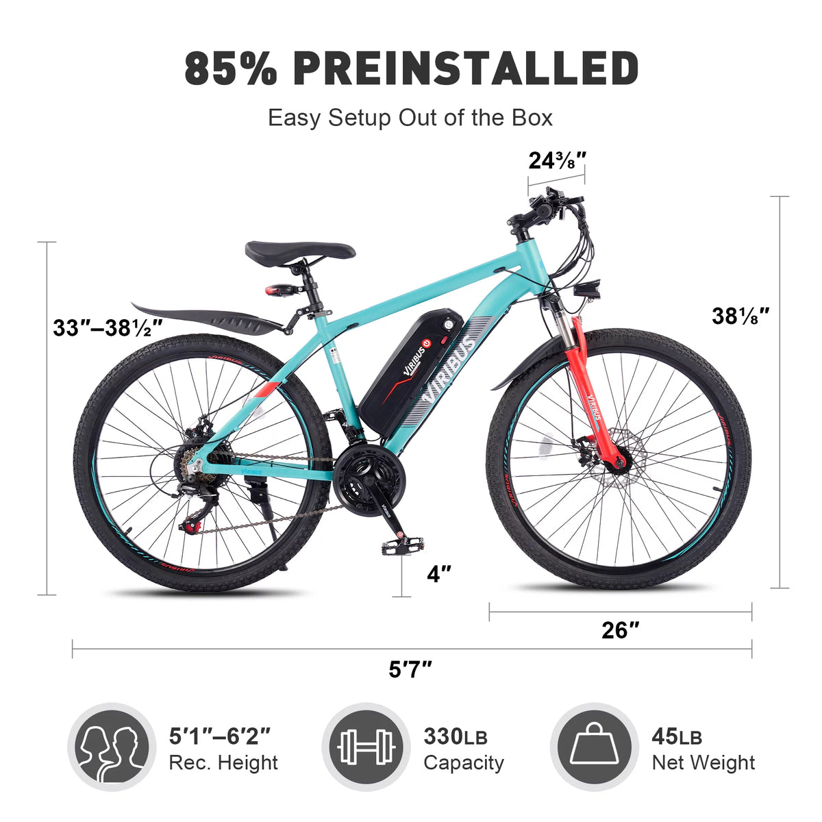 Electric Bike 26" Commuter Mountain Bike Disc Brakes 350W Motor 48V 10.4Ah Lithium A667
