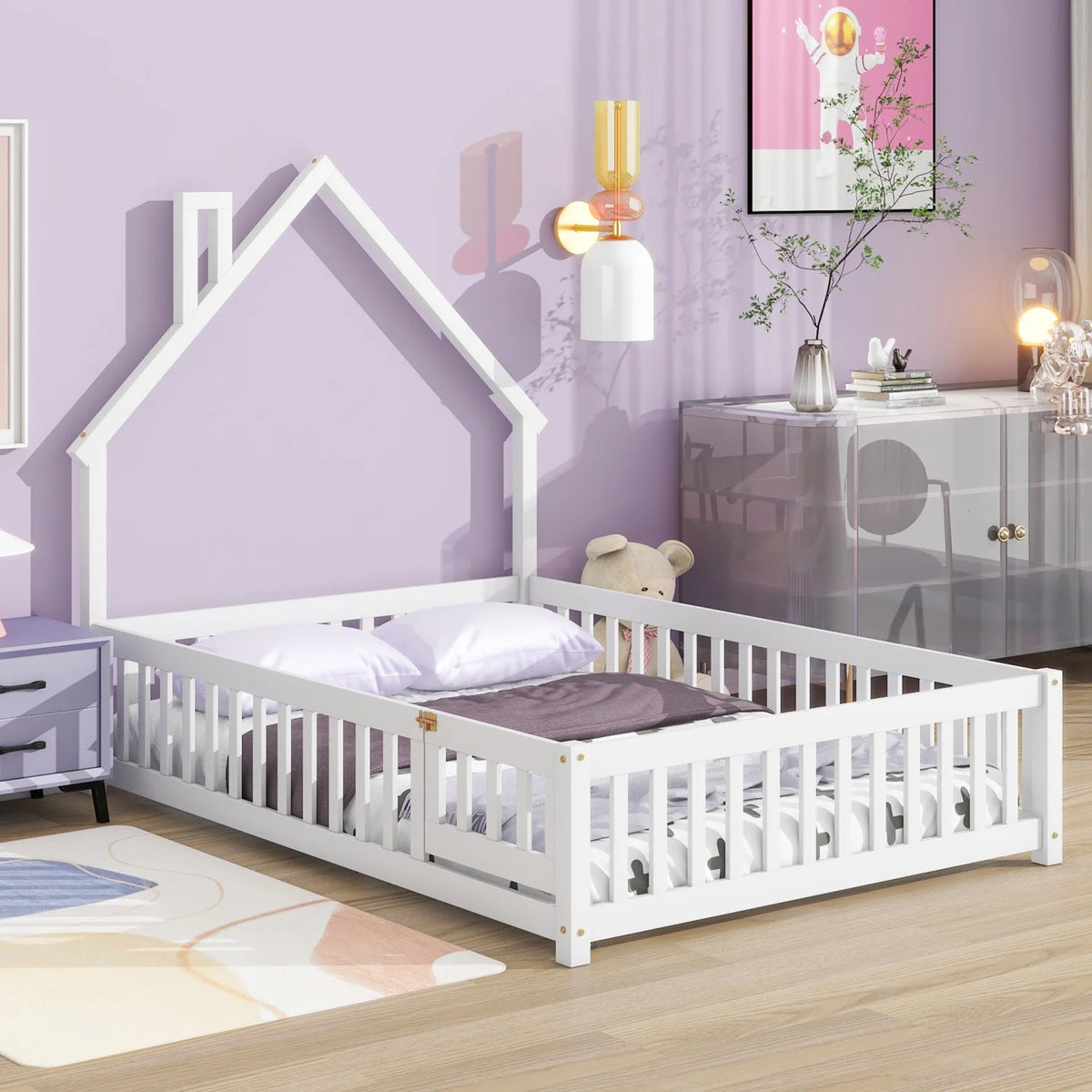 Twin Size Grey Wood Floor Bed with Fence G76973