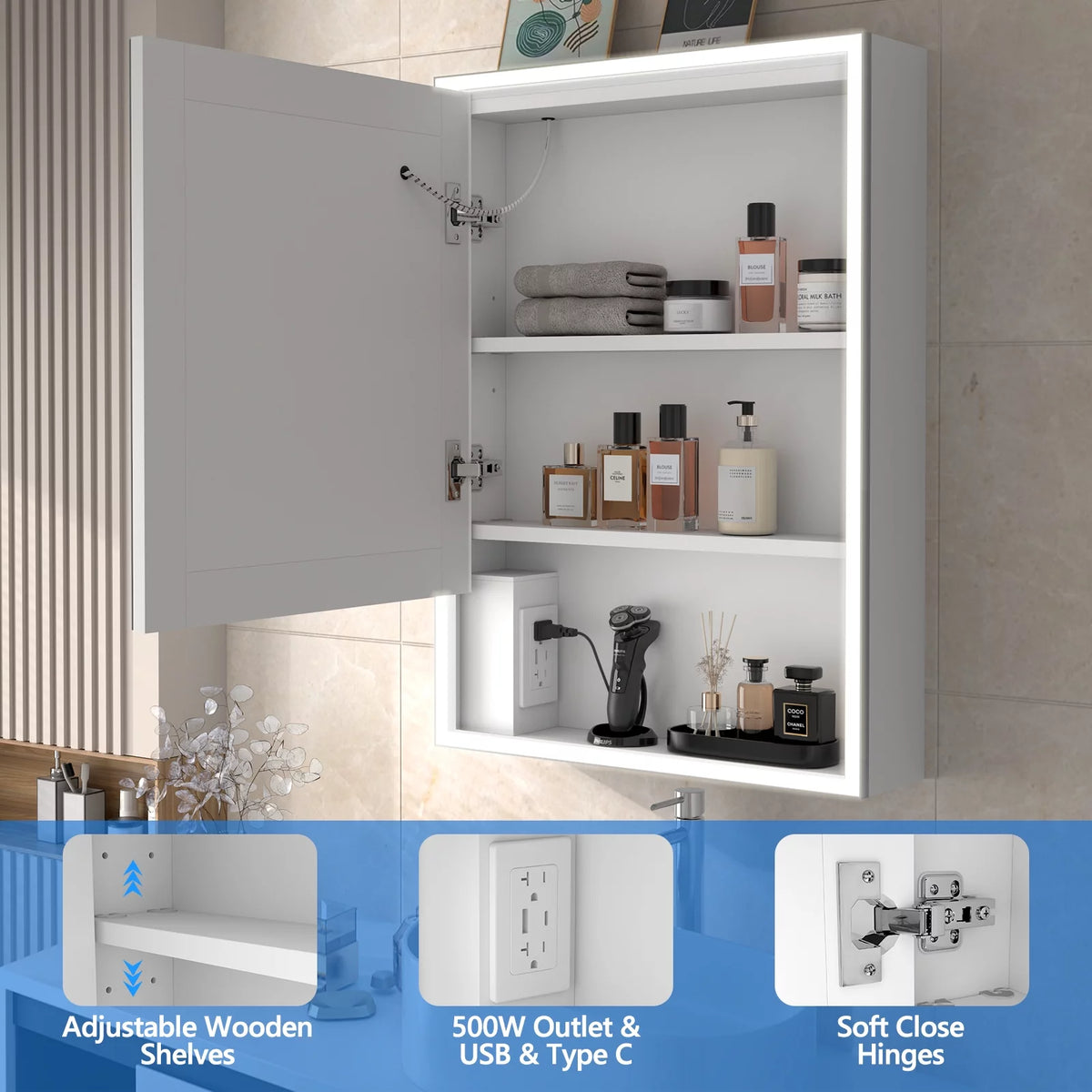 28 x 20 Inch Led Medicine Cabinet with Defog Storage Shelves L845805