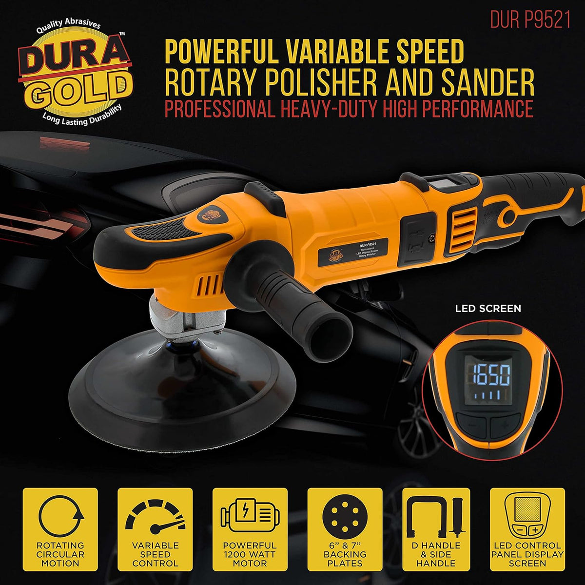 7" Rotary Polisher Buffer Sander with 8 Pad Kit, LED Variable Speed, 1200 Watts D49724