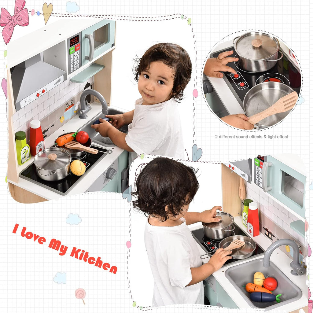 Wooden Play Kitchen with Lights & Sounds, Stove, Sink, Microwave Oven P7741