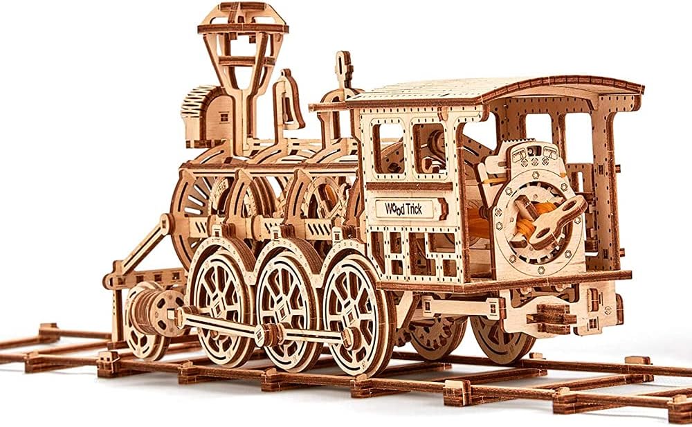 Wooden Toy Train Set with Railway - 34x7″ - Mechanical Model Kit - 3D Wooden Puzzle - DIY Toy Pack of 2 C401